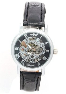 WINNER Black Dial Carved Design Leather Strap Skeleton Automatic Winding es