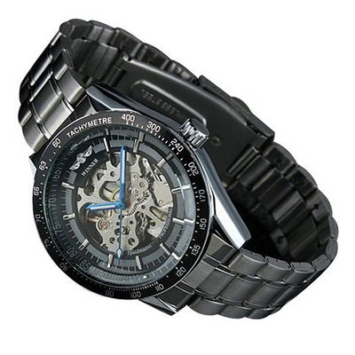 Winner Black Skeleton Hand Wind Up Mechanical