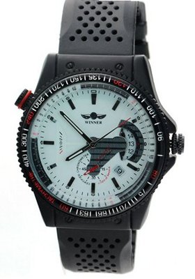 WINNER Boys Sub Dials Calendar Black Rubber Strap White Dial Skeleton Automatic es