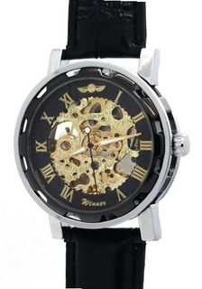 WINNER Classic Gold Roman Numerals Leather band Skeleton Automatic Mechanical es