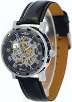 WINNER Gents Casual Black Round Dial Roman Numerals Black Leather Strap Skeleton Automatic es