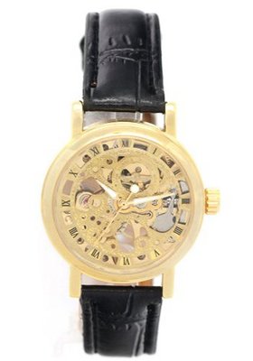 WINNER  Gold Tone Luxury Skeleton Mechanical Hand Wind Leather es