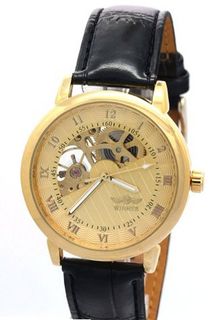 WINNER Male Boys Hand Wind Mechanical Yellow Gold Dial Black Leather Band Skeleton es
