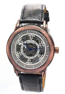 WINNER Male Boys Stainless Steel Retro Cinnamon Skeleton Leather Selfwinding Mechanical es