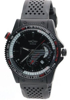 WINNER Male Fashion Sub Dials Calendar Black Rubber Strap Skeleton Automatic es