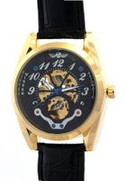 WINNER Male  Gentlemen Gold Black Dial Mineral Leather band Skeleton Automatic Mechanical es