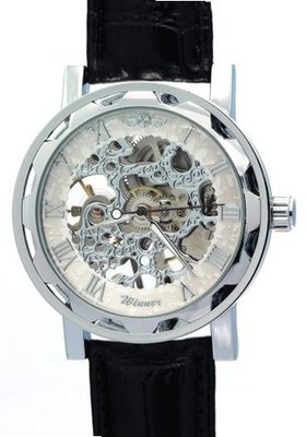 WINNER Male Silver White Dial Roman Numerals Hand Wind Mechanical Skeleton es
