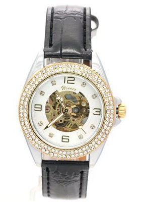 WINNER Silver Dial Diamant Leather Skeleton Automatic Mechanical es