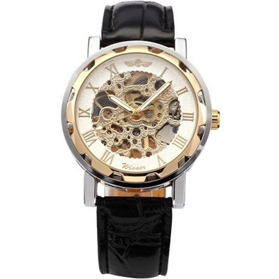 WINNER Skeleton Dial  Hand-winding Mechanical Black Leather Band Wrist