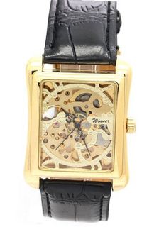 WINNER Unisex Luxury Gold Dial Water Resistant Rectangle Skeleton Hand Wind es