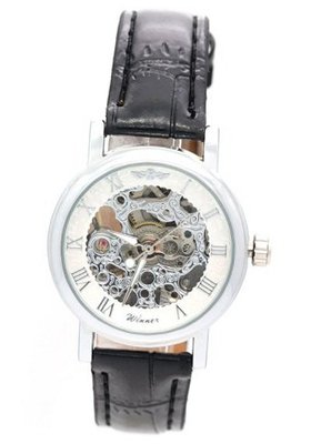 WINNER  White Roman Dial Hardlex Crystal Black Band Skeleton Automatic Mechanical Brand es