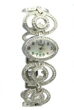 Elegant Rhinestone Studded Ladies Silver Tone Oval Wrist Fashion