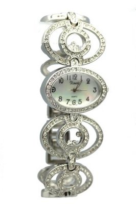 Elegant Rhinestone Studded Ladies Silver Tone Oval Wrist Fashion