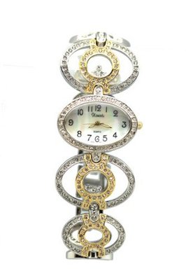 Elegant Two Tone Rhinestone Studded Ladies Silver Tone & Gold Tone Oval Wrist Fashion