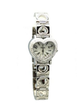 Rhinestone Studded Heart Ladies Silver Tone Heart Wrist Fashion