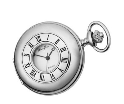 Woodford Chrome-finish Full Hunter Mechanical Analogue 1233 with Chain and Roman Dial (Suitable for Engraving)