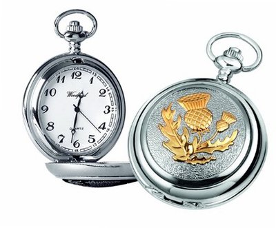 Woodford Quartz Pocket , 1907/Q, Chrome-Finished Gilt Scottish Thistle Pattern with Chain (Suitable for Engraving)