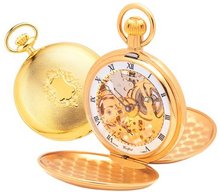 Woodford Swiss-Made Skeleton Full-Hunter Pocket , 1014, Twin-Lidded Deep Gold-Plated with Chain (Suitable for Engraving)