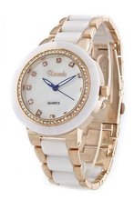 Swarovski Crystal Accented Rose Gold-Tone White Genuine Ceramic Bracelet