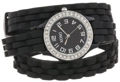XOXO XO5616 Black Rubber Double Wrap Rhinestones Bezel