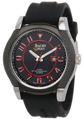 Yachtman YM122-BLACK/RED Textured Round Case Date Display Black Silicone Strap
