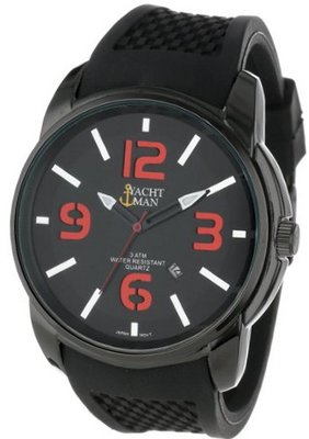 Yachtman YM130-BLK/RED Oversized Round Case Date Display Black Silicone Strap