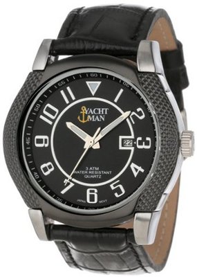 Yachtman YM267-BLACK Textured Round Case Date Display Black Croco Leather Strap