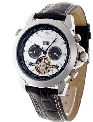 Yves Camani Automatic Worldtimer Silber/Schwarz YC1029-G with Leather Strap