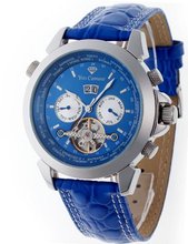 Yves Camani Automatic Worldtimer Stahl Blau YC1029-D with Leather Strap