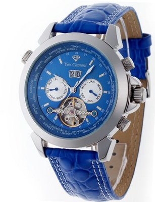 Yves Camani Automatic Worldtimer Stahl Blau YC1029-D with Leather Strap