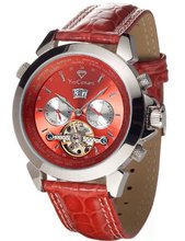 Yves Camani Automatic Worldtimer Stahl Rotbraun YC1029-C with Leather Strap