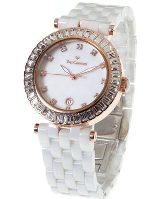 Yves Camani Quartz Crystal Ceramic Silver/White YC1033-B YC1033-B with Metal Strap