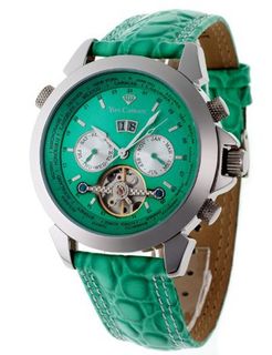 Yves Camani Worldtimer Stainless Steel Green/Silver Automatic with Green Dial Analogue Display and Green Leather Strap YC1029-E