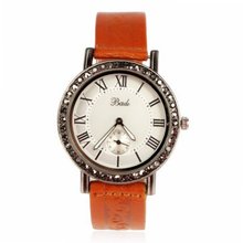 uZLYC Vintage Rhinestone Studded Round Face Orange Leather Strap Dress 
