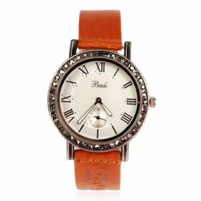 uZLYC Vintage Rhinestone Studded Round Face Orange Leather Strap Dress 