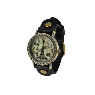 ZLCY Vintage Handmade Leather Eiffel Tower Dial Causal Wrist Black