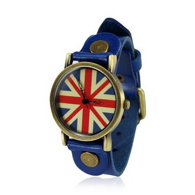 ZLCY Vintage Union Jack Flags Quartz Dial Leather Wrist Blue