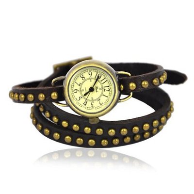 ZLYC BADE Unisex Cabochon Embellished Wrap Leather Strap Color Dark Brown