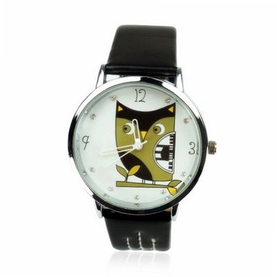 Zlyc  Ladies Owl Dial Pu Leather Wrist Black