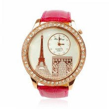 ZLYC Ladies Rhinestone Embedded Eiffel Tower Triumphal Arch Quartz Wrist Pink