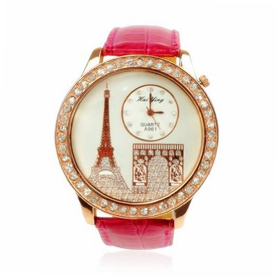 ZLYC Ladies Rhinestone Embedded Eiffel Tower Triumphal Arch Quartz Wrist Pink